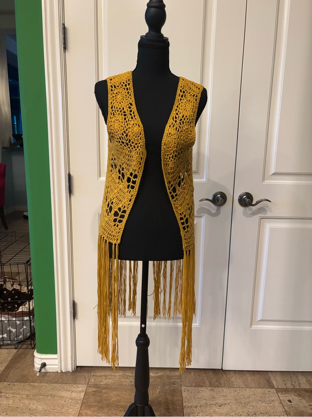 Mustard Crochet Fringe Vest
